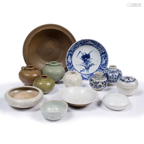 Collection of ceramics South East Asian, 15th-18th Century including various dishes, a brush