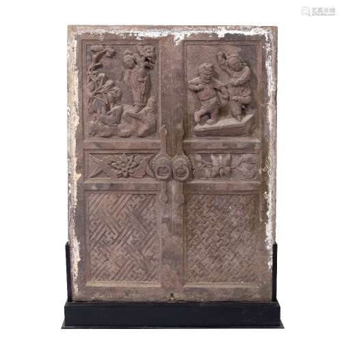 Large limestone panel Chinese 19th Century carved in relief in the form of a pair of panelled