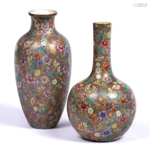 Bottle vase Chinese, Republic period of gold ground with mille-fleur enamel painting, blue