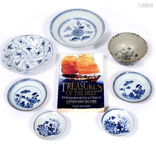 Seven blue and white dishes Chinese from the Nanking Cargo, Treasures of the Deep by Captain Mike