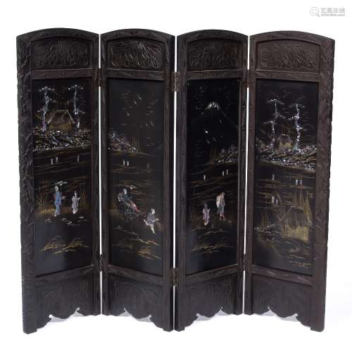 Floor Screen Japanese with four stone insets decorated with mother of pearl, depicting rural