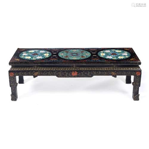 Black lacquer and cloisonne table Chinese, mid 20th Century the rectangular top inset with three