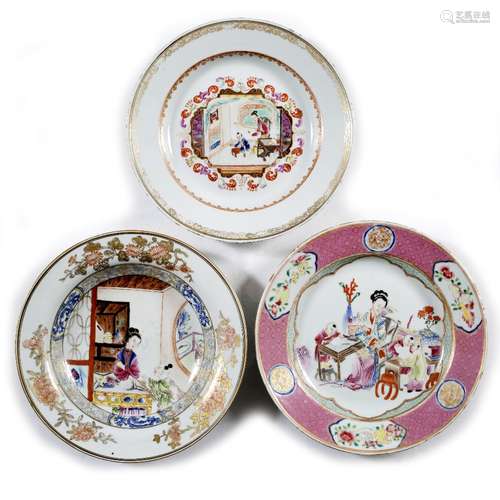 Famille rose bowl and plate Chinese, mid 18th Century painted in enamel with various figures 22.