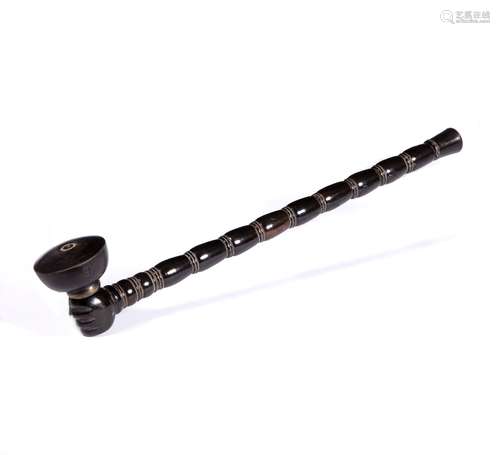 Opium pipe Thailand, early 20th century horn stem and bowl holder, Yixing bowl Length 41cm