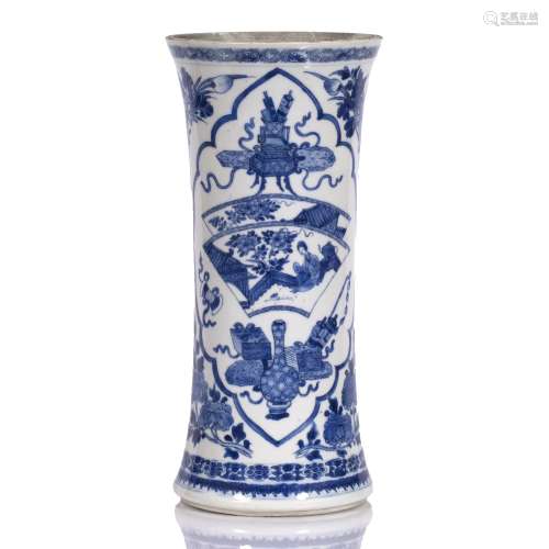 Blue and white ku shaped vase Chinese, 18th/19th Century painted with archaic symbols within reserve