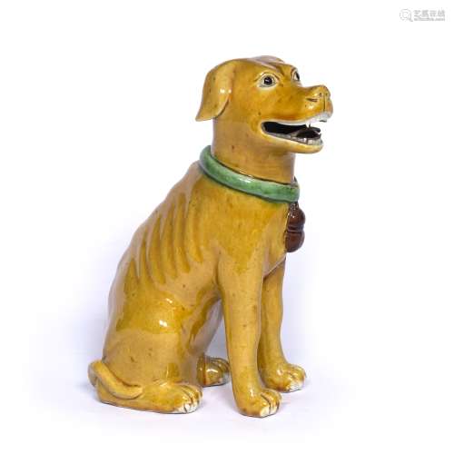 Export porcelain model of a seated hound Chinese, 19th Century of yellow, green and aubergine glaze,