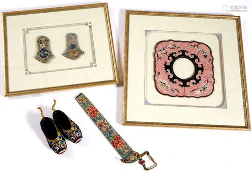 Textiles and fabrics Chinese 19th/20th century to include a pair of shoes, a Peking knot fan case, a