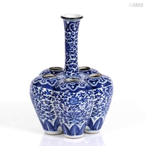 Blue and white bulb pot Chinese, 19th century decorated with lotus leaf, ruyi border and palmettes