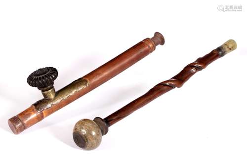 Opium pipe Chinese, late 20th century bamboo stem, brass saddle with a Yixing bowl, length 33.5cm