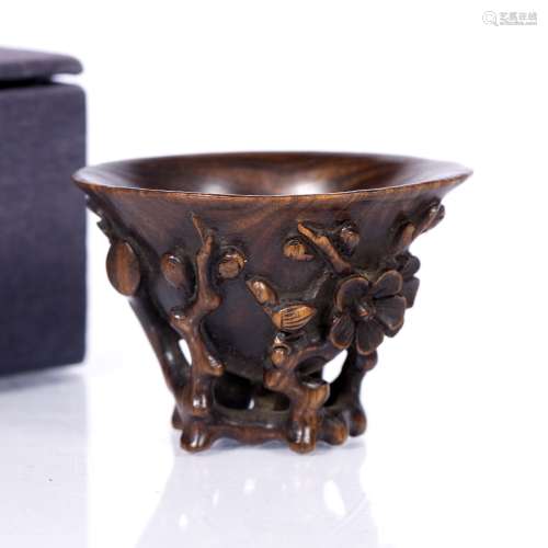 Libation cup Chinese 18th/19th Century Wood, carved with flowering branches and a bird 6cm across