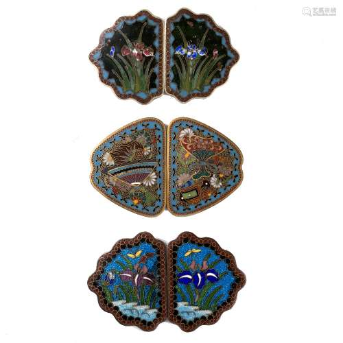 Three pairs of cloisonne buckles Japanese, circa 1900-1920 variously decorated with fan and flowers