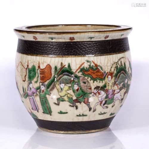 Crackleware jardiniere Chinese, 19th century depicting a processional scene with figures holding