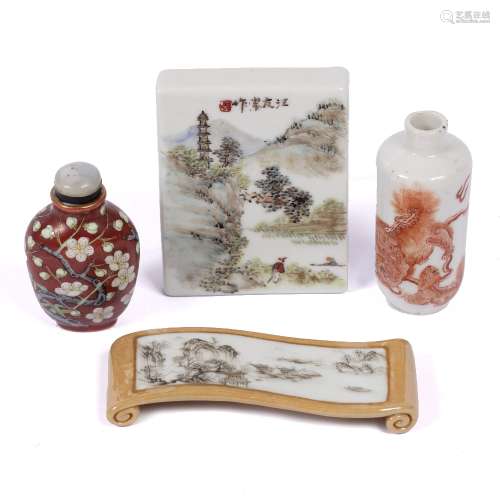 Two porcelain snuff bottles Chinese, a small porcelain paper weight and an ink stand (4)