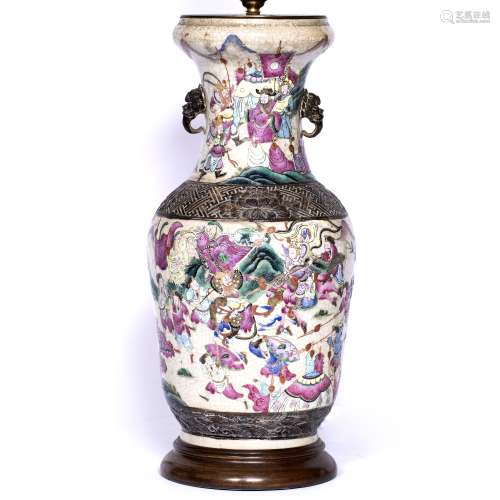 Crackleware vase/table lamp Chinese, late 19th Century painted with warrior scenes 43cm high