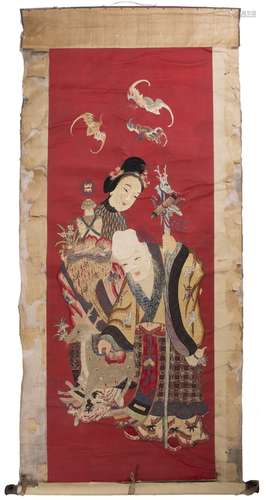 Needlework scroll Chinese, 19th century silk, depicting Guanyin and Shou Xin Gong 184cm high