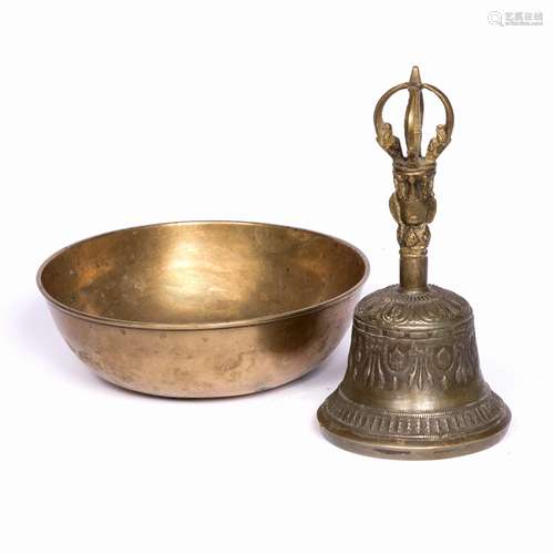 Altar bell Tibetan, 19th century the handle decorated with several heads, with an open design to the