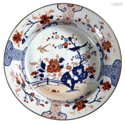 Export large deep bowl Chinese, Qianlong painted with rockwork and birds 39cm