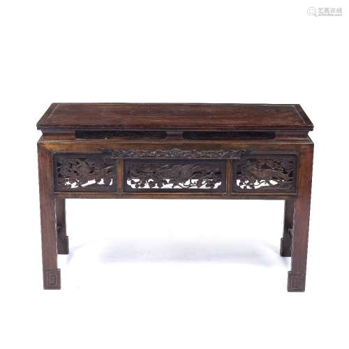 Elm carved side table Chinese, early 20th Century with carved bird frieze 104cm