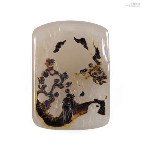 Greyish brown and dark brown agate rectangular plaque pendant Chinese, 18th/19th Century carved in