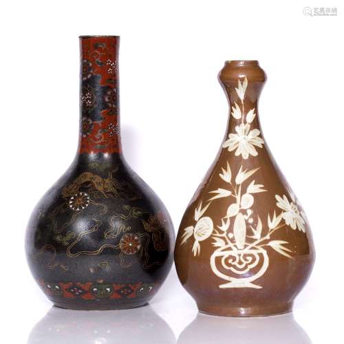Cafe au lait garlic neck vase Chinese, 19th Century 29cm and black ground bottle vase with enamel