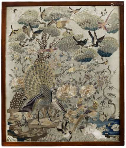 Silk panel Chinese, late 19th Century all over embroidered with peacocks, ducks and birds flying