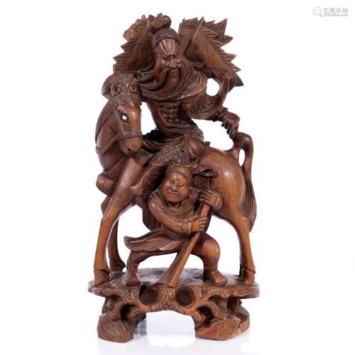 Wooden figural group Chinese depicting a warrior on horseback and his servant 29cm high