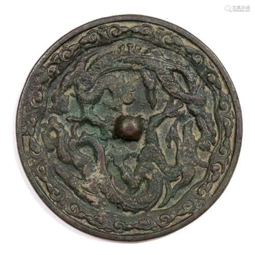 Bronze circular mirror 17th/18th Century with dragon and wave designs 17cm