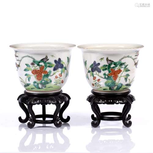 Pair of planters Chinese, 19th Century decorated in famille verte colours, having all over foliate