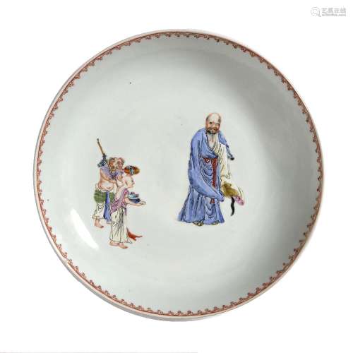 Polychrome large dish Chinese, 19th Century painted with a Luohan and two attendants 27cm
