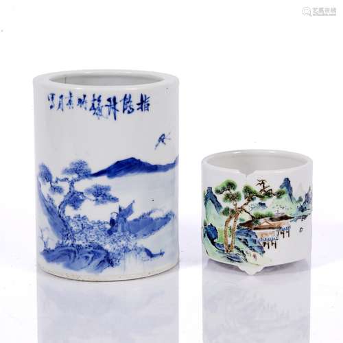 Two brush pots Chinese, Republic (1912-1949) the first decorated in blue & white, depicting an