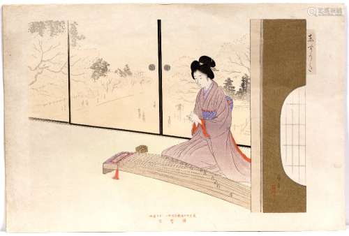 Two woodblock prints Japanese, early 20th century each depicting a domestic scene finished with
