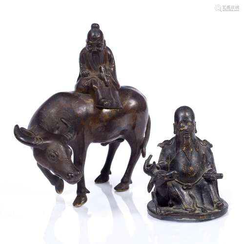 Bronze Lao Tsze Chinese, 19th Century seated on a buffalo 20cm and a kneeling bronze Louhan