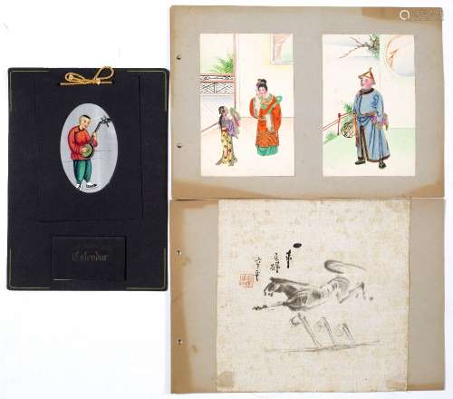 Rice paper drawings Chinese five full length portraits mounted on loose album leaves, together