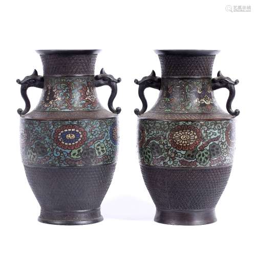 Pair of cloisonne vases Japanese, circa 1900 decorated in the archaic style with elephant handles