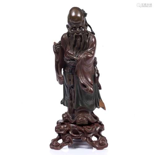 Lacquer model of Shou Lao Chinese, late 19th Century on stand, the standing figure holding a