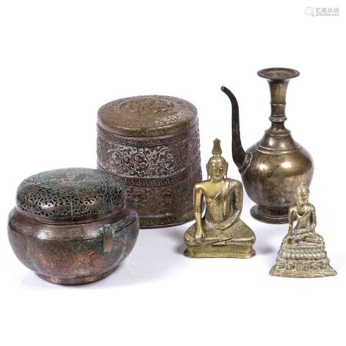 Group of metal ware South East Asian to include two Buddhas, a Chinese box and cover, an Indian ewer