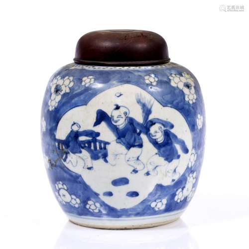 Blue and white ginger jar and cover Chinese, 18th/19th Century having a panel of boys playing with