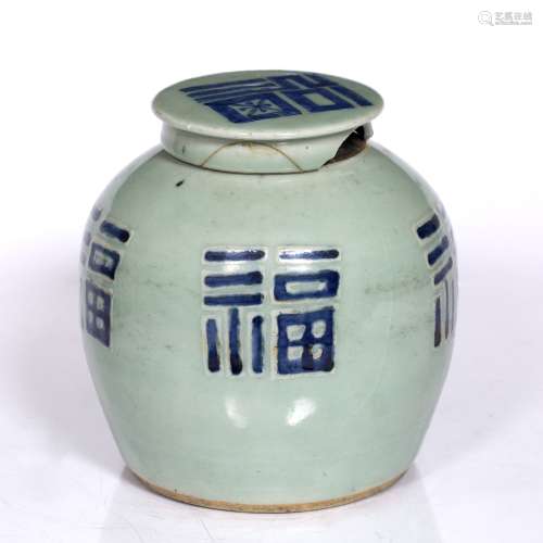 Celadon ginger jar and cover Chinese, 19th Century decorated with blue trigrams 22cm