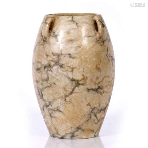 Cream and grey veined soapstone ovoid vase Chinese, 18th/19th Century with the exterior carved