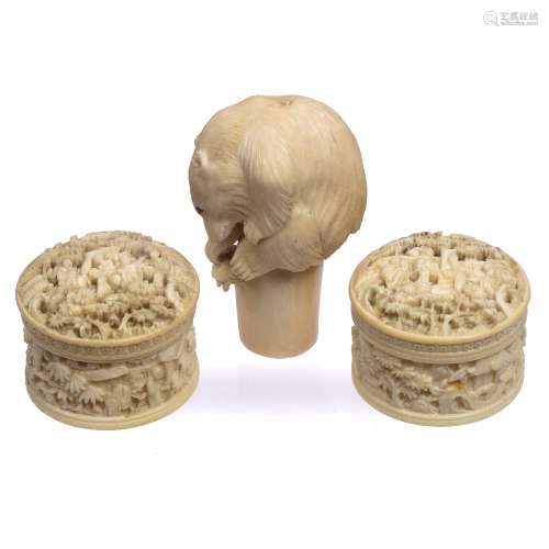 Pair of Canton ivory cylindrical pill boxes Chinese, circa 1880-1920 pierced and carved with figures