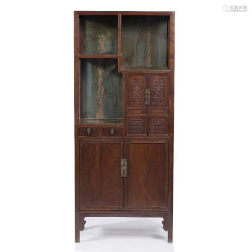 Zitan wood cabinet Chinese, 19th century glazed compartments and carved doors Approximately 180cm