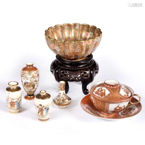 Satsuma bowl Japanese,Meiji period with hardwood stand 13 cm,four Satsuma vases,and two Kutani