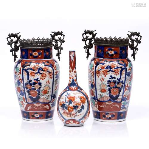 A pair of Imari vases Japanese, late 19th Century each with gilt metal mounts 28cm and a similar