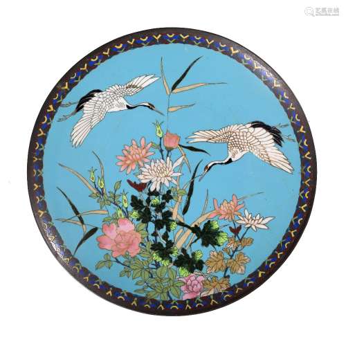Cloisonne charger Japanese, circa 1900 two storks and summer flowers 30cm