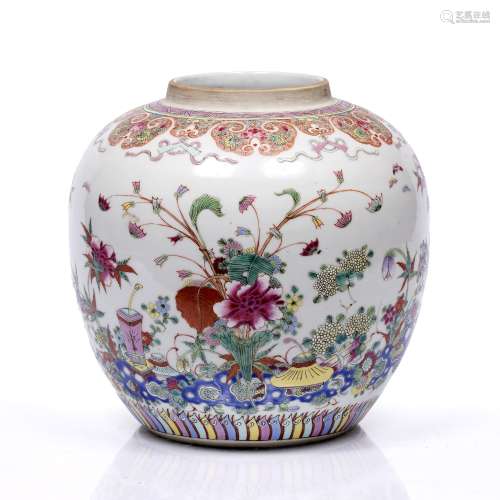 Ginger jar Chinese, 19th Century in famille rose colours, depicting a floral scene, with a scrolling