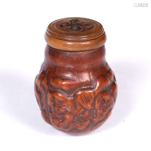 Moulded gourd cricket cage Chinese, 19th Century decorated with Buddhist lion dogs, cover wood