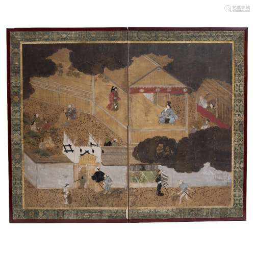 Two-Panel folding screen Japanese, Edo period depicting a Kabuki scene, painted in ink 130cm x