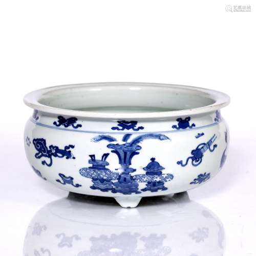 Blue and white tripod censer shaped bowl Chinese, 19th Century the squat rounded body decorated a