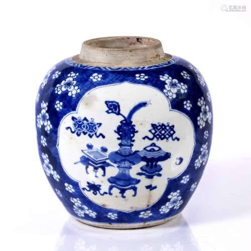 Blue & white jar Chinese, Kangxi (1662 - 1722) of rounded form, decorated with three panels