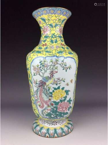 Chinese copper base enamel vase painted with phoenix and peony.